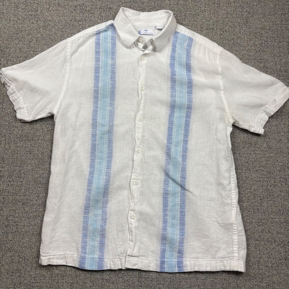 White Blue Striped Linen Blend Short Sleeve Button Down Cafe Luna Mens Medium